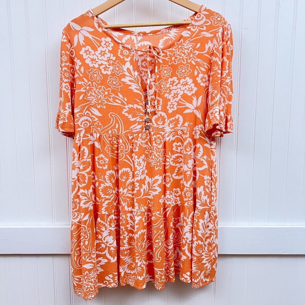 Orange Mini Dress Floral Tropical Tiered Women M Button Front Ruffle Sleeve Boho